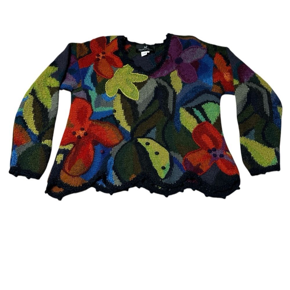 Peruvian Connection 100% Alpaca Sweater Women’s L Handcrafted Floral Multicolor